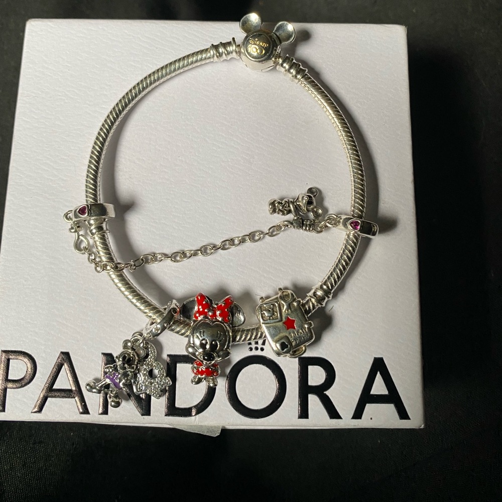 Disney Pandora bracelet with 3 charms and Climbing Mickey Safety Chain
